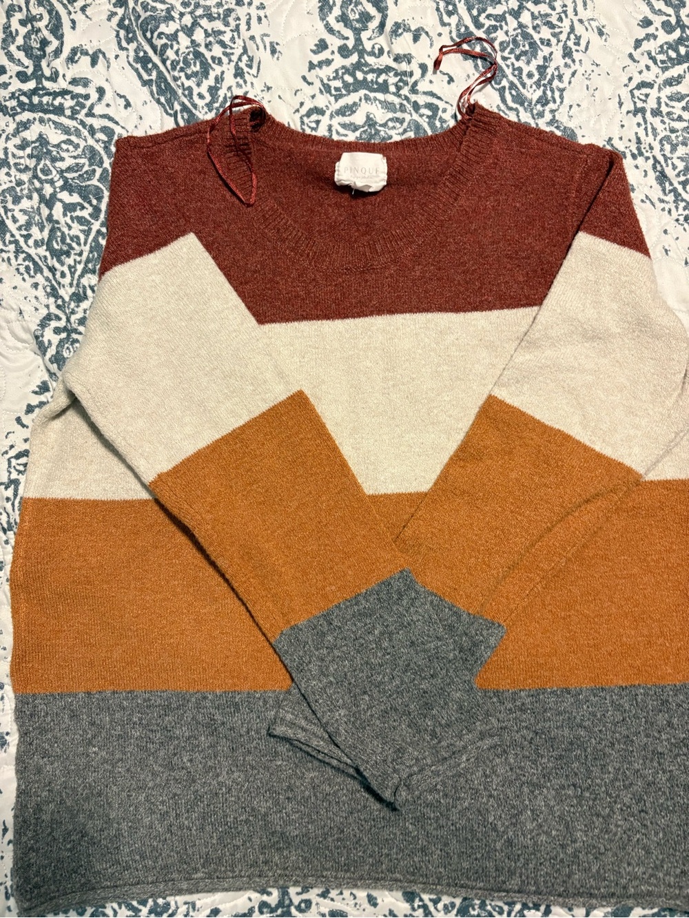 Striped Crewneck Sweater in Rust, Cream, Mustard & Gray - Unknown Brand
